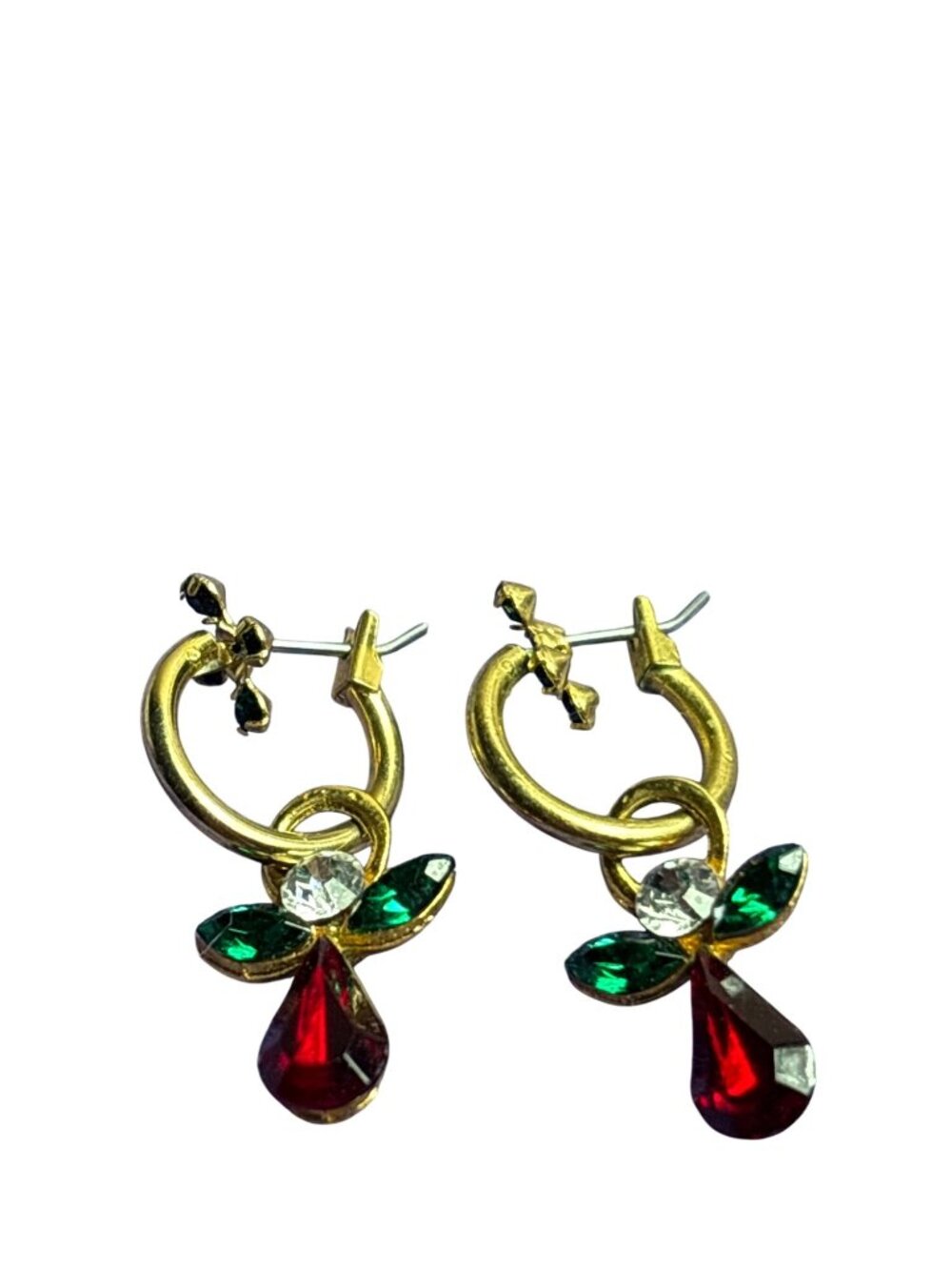 Rhinestone Dangle Angel Goldtone Hoop Earrings Red Green Clear Christmas Holiday
